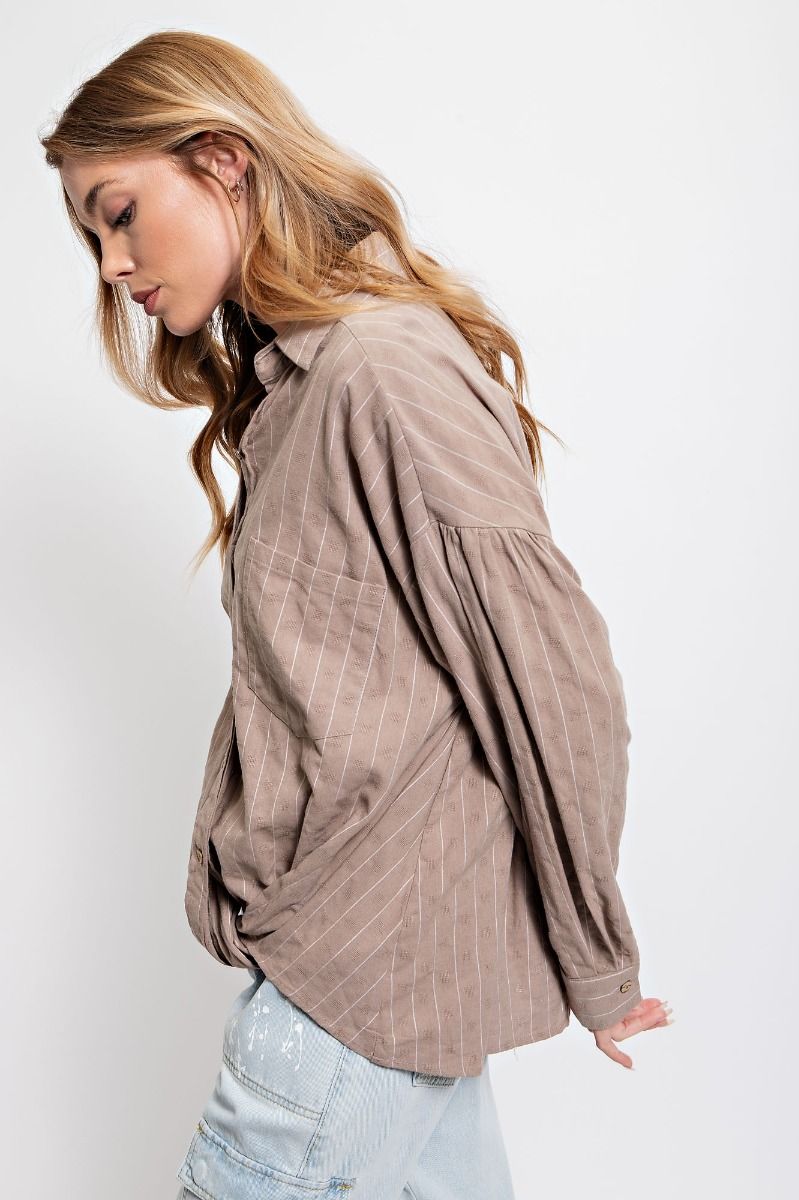 Easel Linen Pinstripe Collared Cuffed Sleeve Twisted Button Down Top - Roulhac Fashion Boutique