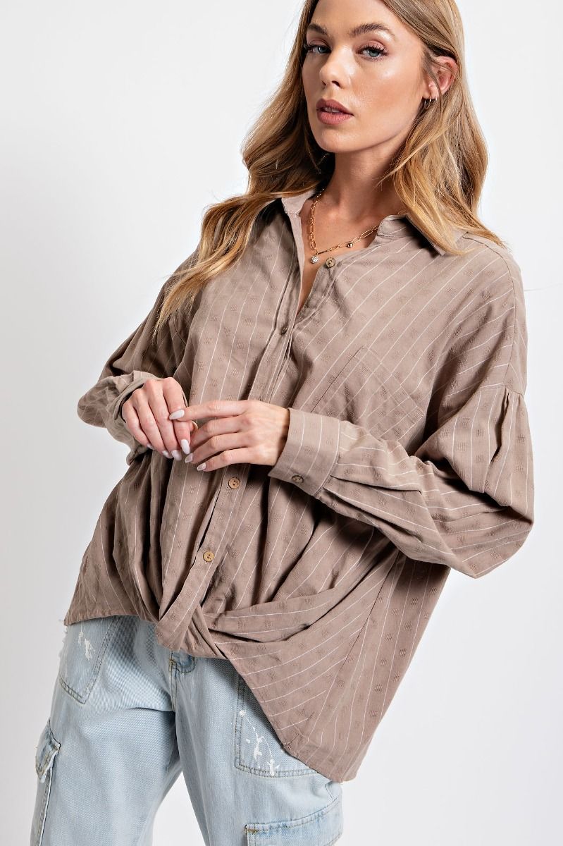 Easel Linen Pinstripe Collared Cuffed Sleeve Twisted Button Down Top - Roulhac Fashion Boutique