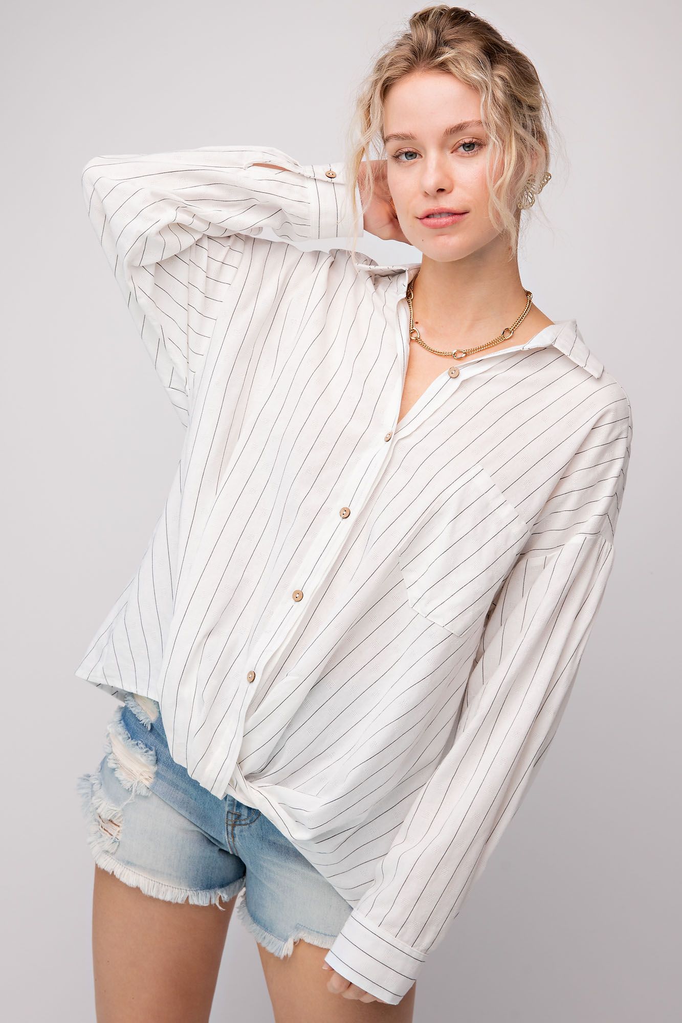 Easel Linen Pinstripe Collared Cuffed Sleeve Twisted Button Down Top