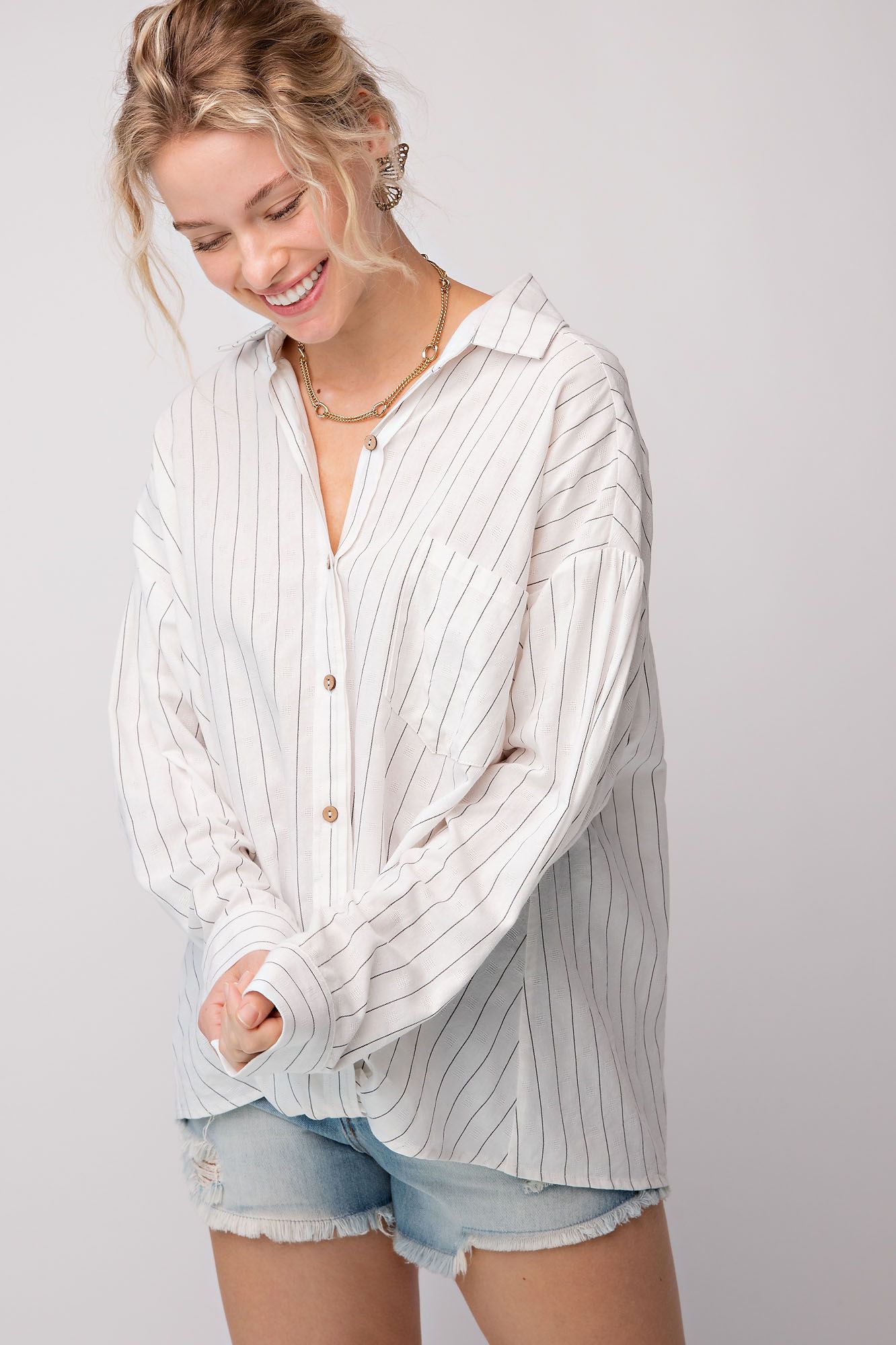 Easel Linen Pinstripe Collared Cuffed Sleeve Twisted Button Down Top