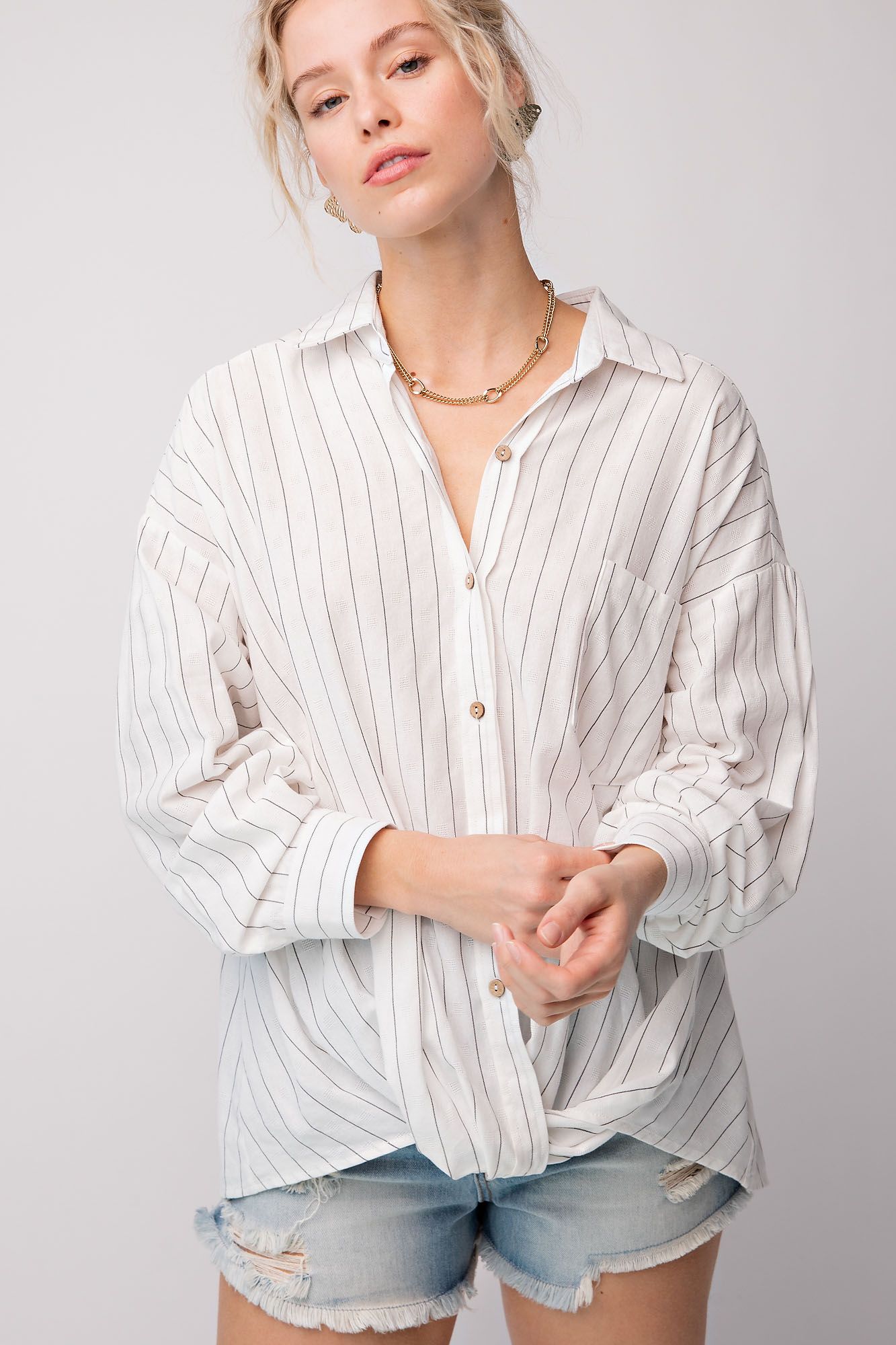 Easel Linen Pinstripe Collared Cuffed Sleeve Twisted Button Down Top