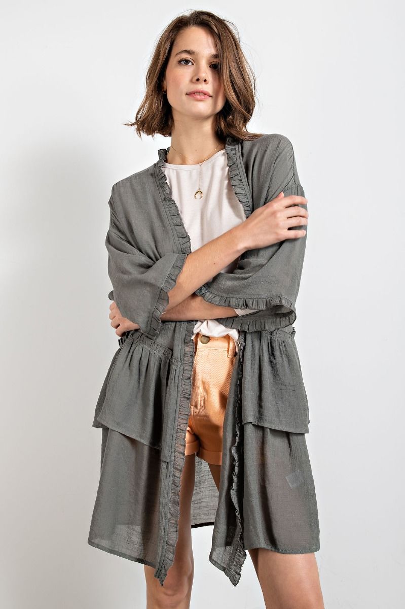 Easel Plus Semi Sheer Double Ruffled Long Open Front Cardigan - Roulhac Fashion Boutique