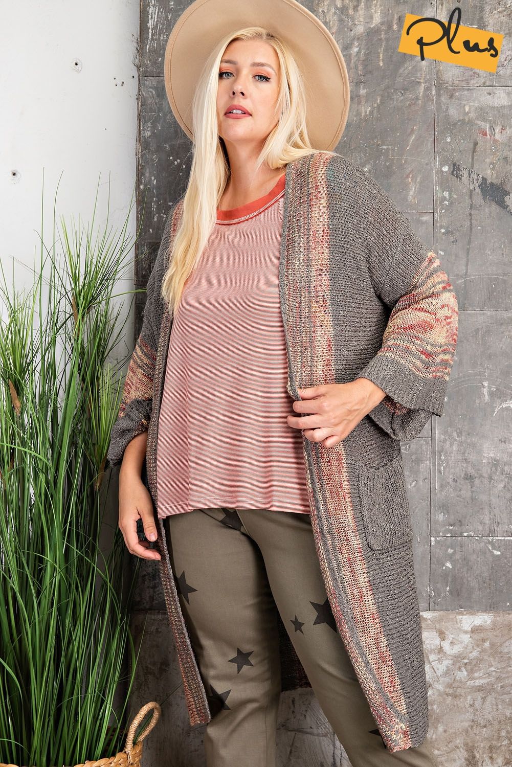 Easel Plus Knit Open Front Cardigan Side Pockets Wide Sleeve Sweater - Roulhac Fashion Boutique