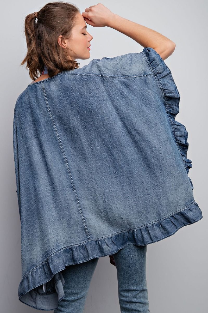 Easel Plus Washed Denim Boxy Oversized Relaxed Fit Open Cardigan - Roulhac Fashion Boutique