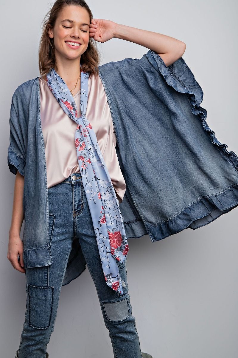 Easel Plus Washed Denim Boxy Oversized Relaxed Fit Open Cardigan - Roulhac Fashion Boutique