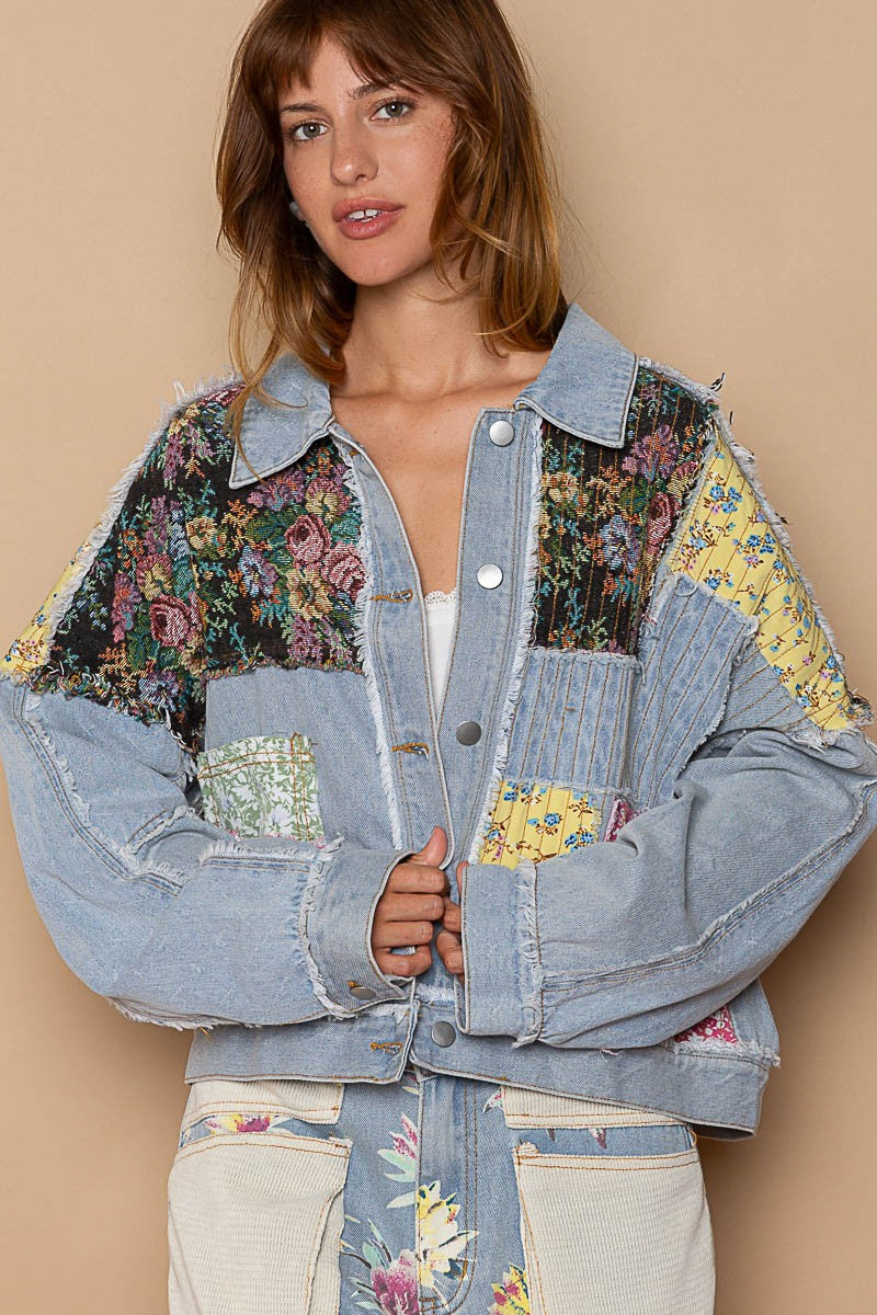 POL Long Sleeve Floral Patchwork Relaxed Fit Denim Jacket - Roulhac Fashion Boutique