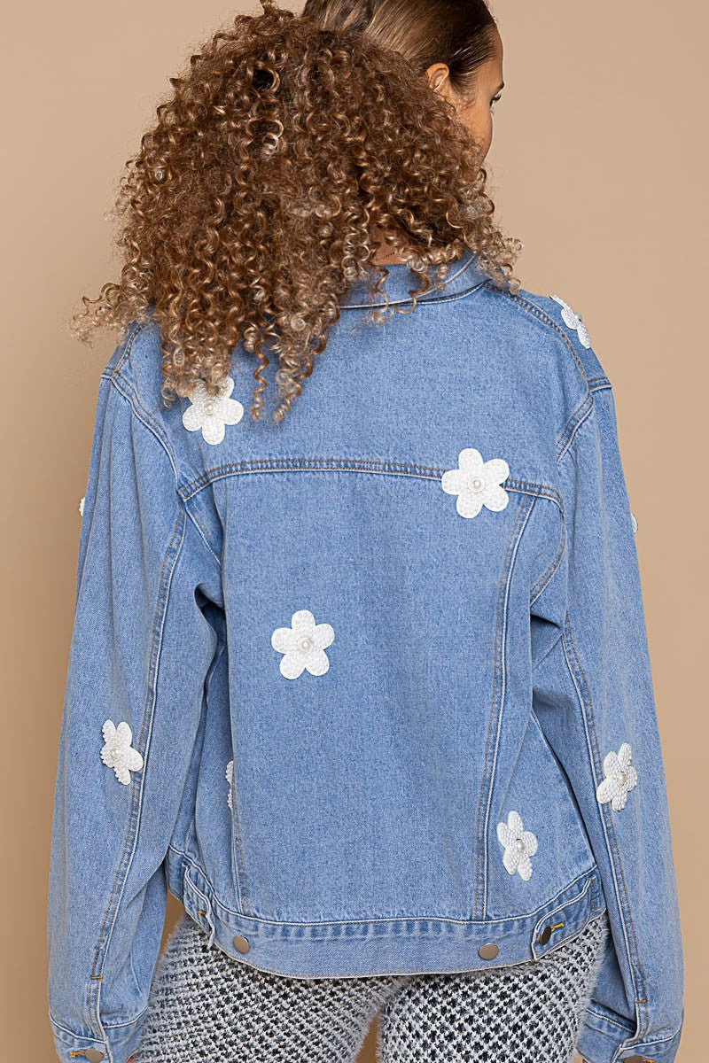 POL Pearl Flower Patch Denim oversized fit long sleeve Jacket
