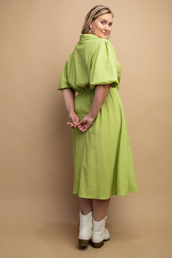 GiGio Plus Textured Woven Elastic Waist Tie Midi Dress