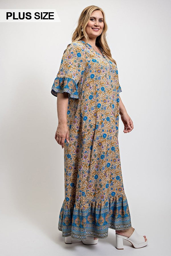 GiGio Plus Floral Aztec Print Mixed Boho Back Pleat Maxi Dress