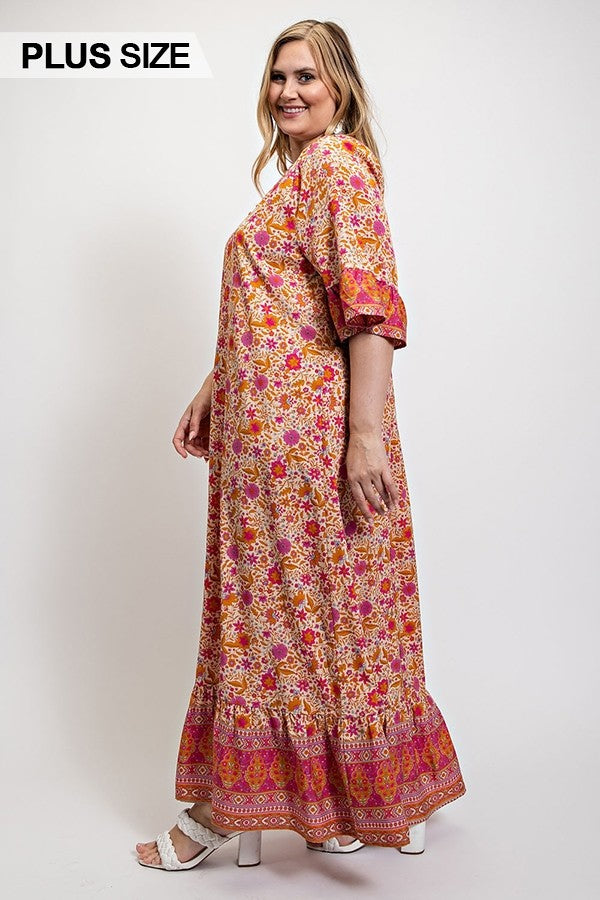 GiGio Plus Floral Aztec Print Mixed Boho Back Pleat Maxi Dress