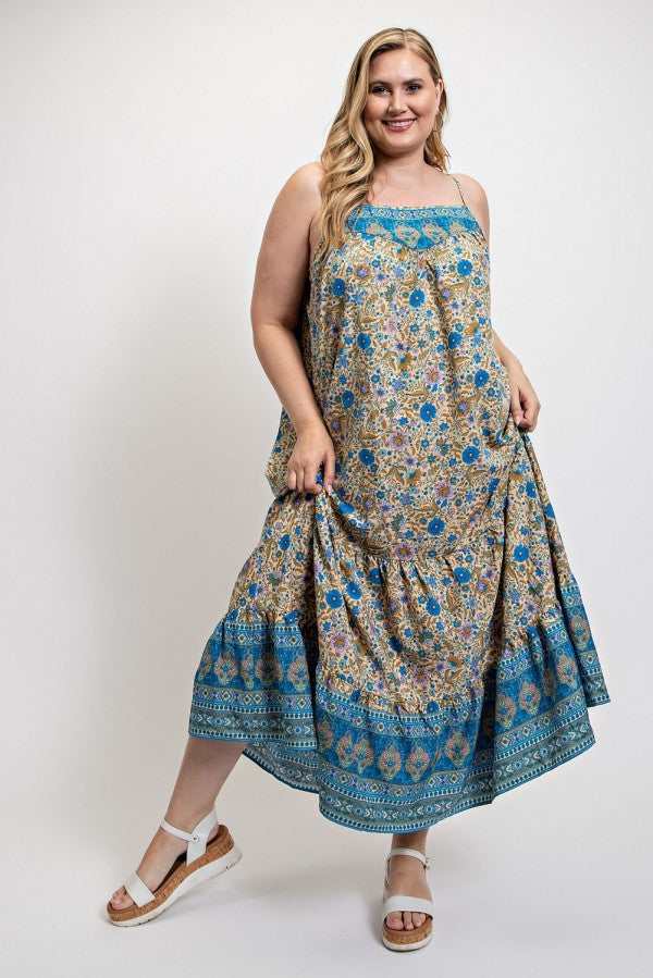 GiGio Plus Floral Aztec Print Drop Down Spaghetti Strap Maxi Dress