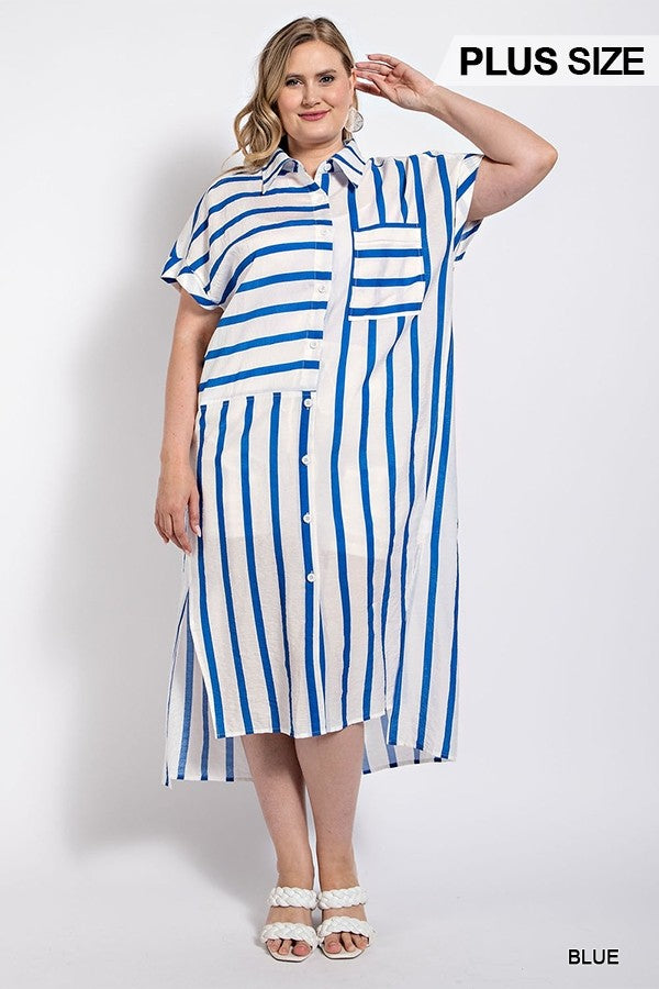 GiGio Plus Mixed Stripe Button Up Roll Up Sleeve Shirt Dress