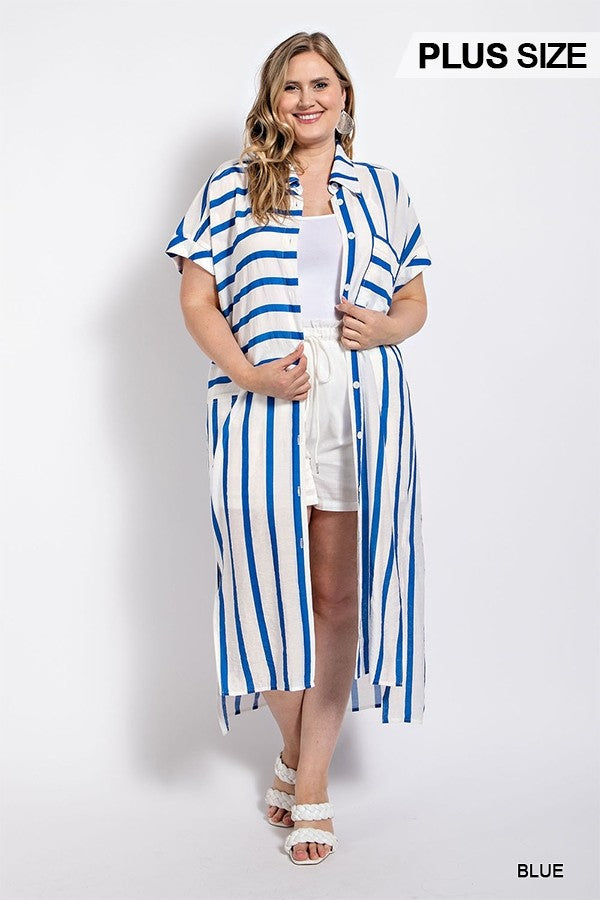 GiGio Plus Mixed Stripe Button Up Roll Up Sleeve Shirt Dress