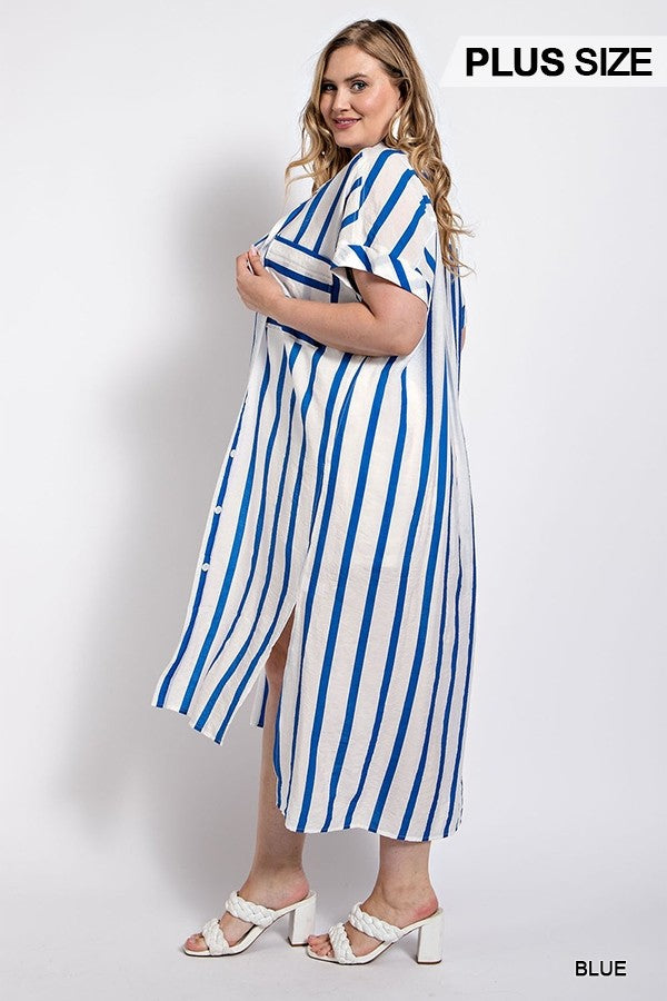 GiGio Plus Mixed Stripe Button Up Roll Up Sleeve Shirt Dress