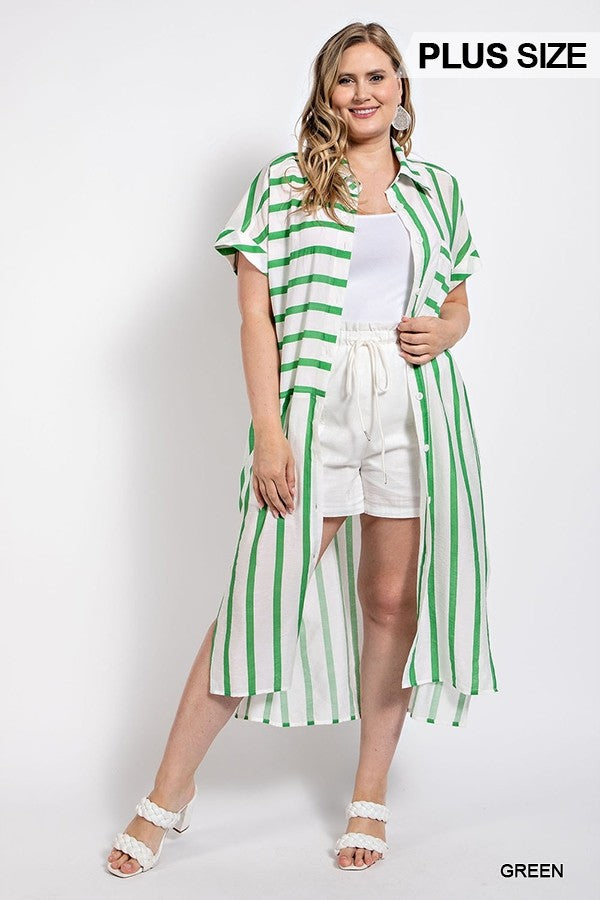 GiGio Plus Mixed Stripe Button Up Roll Up Sleeve Shirt Dress