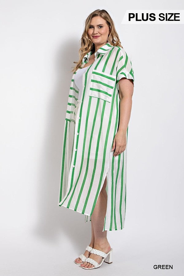 GiGio Plus Mixed Stripe Button Up Roll Up Sleeve Shirt Dress