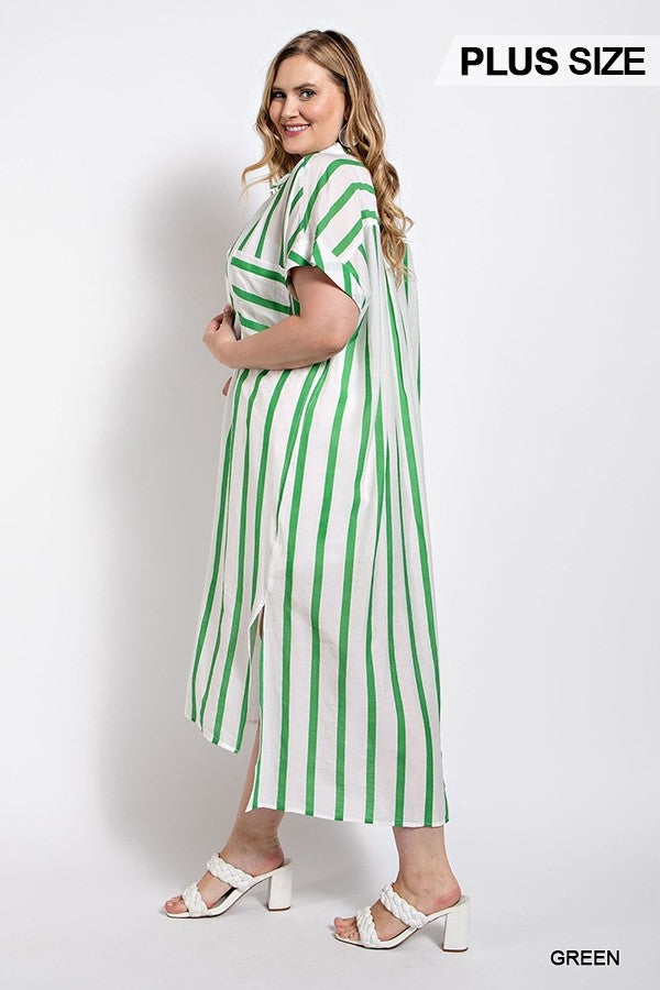 GiGio Plus Mixed Stripe Button Up Roll Up Sleeve Shirt Dress