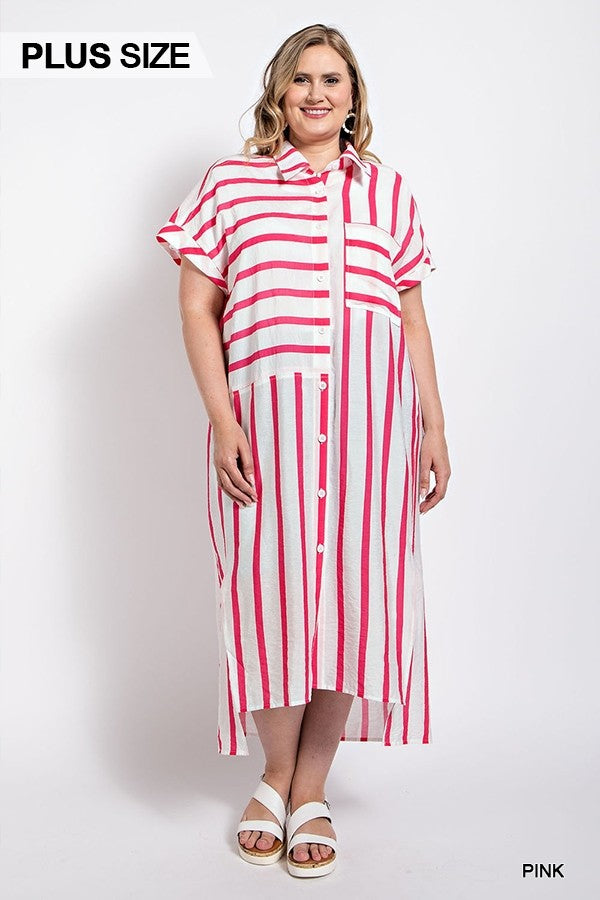 GiGio Plus Mixed Stripe Button Up Roll Up Sleeve Shirt Dress