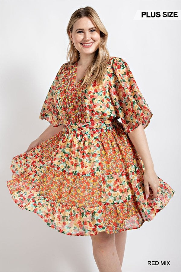 GiGio Plus Floral Print Mixed Smocked Waist Dress