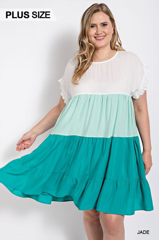 GiGio Plus Color Block Ruffle Sleeves Tiered Side Pockets Dress