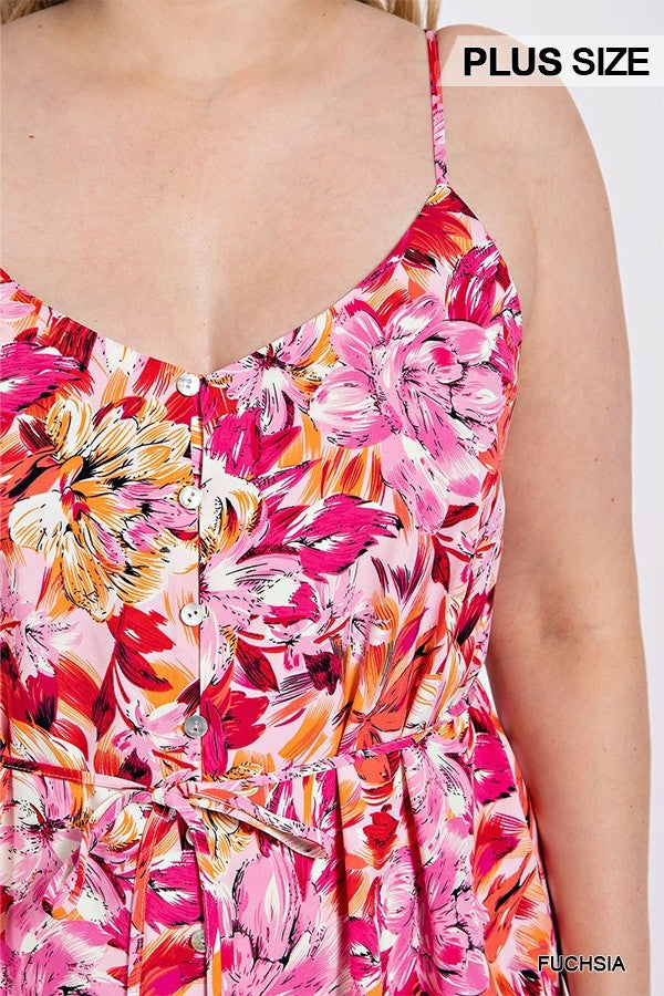 GiGio Plus Floral Print Tie Waist Button Closure Midi Dress