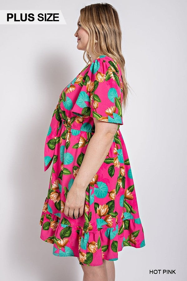 GiGio Plus Tropical Print Flutter Skirt Short Sleeve Dress