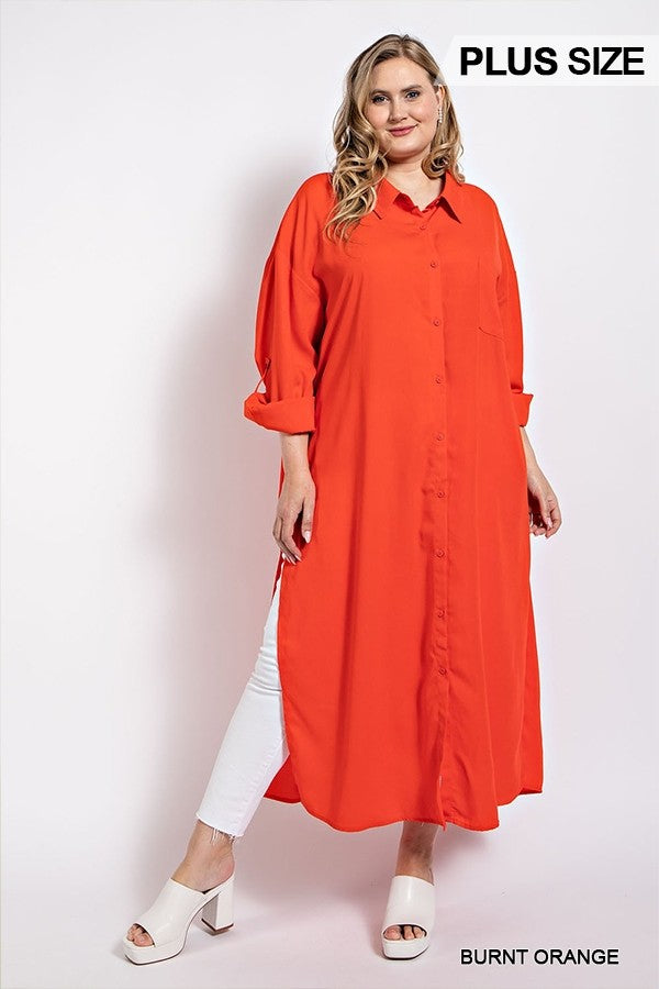 GiGio Plus Button Up Collared Cuffed Roll Sleeve Side Slits Shirt Dress