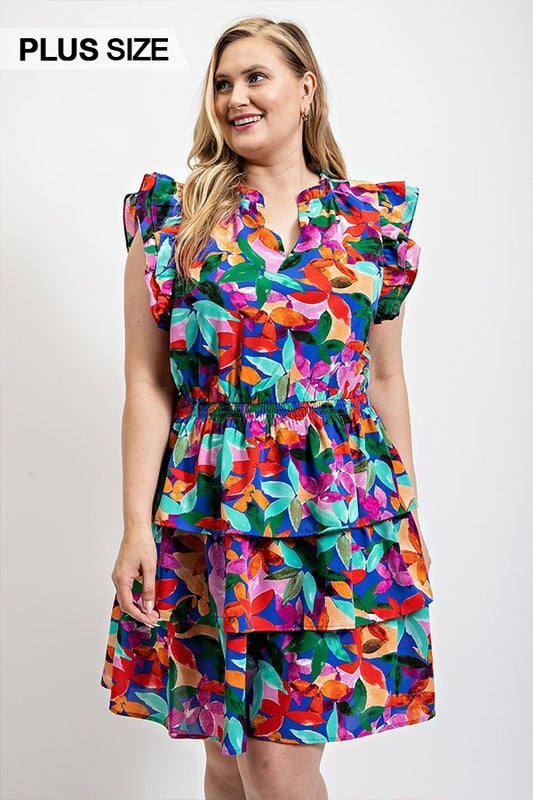 GiGio Plus Floral Print Tiered Lining Skirt Dress