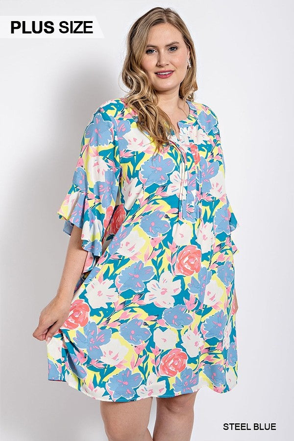 GiGio Plus Floral Print Ruffled Bell Sleeve Woven Dress