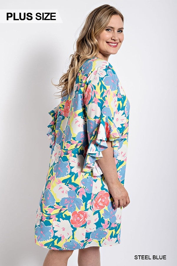 GiGio Plus Floral Print Ruffled Bell Sleeve Woven Dress