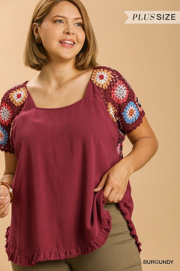 Umgee Plus Burgundy Linen Blend Round Neck Color Crochet Short Sleeve Top - Roulhac Fashion Boutique