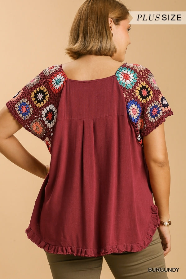 Umgee Plus Burgundy Linen Blend Round Neck Color Crochet Short Sleeve Top - Roulhac Fashion Boutique