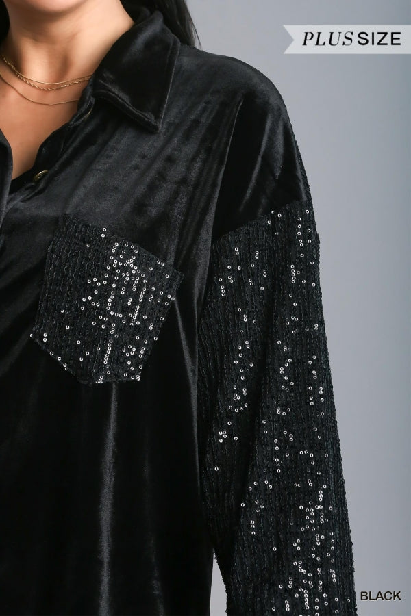 Umgee Plus Velvet Collar Button Down Sequin Sleeves Chest Pocket Jacket - Roulhac Fashion Boutique