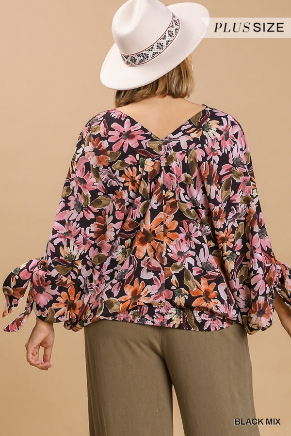Umgee Plus Mix V Neckline Flower Print Tie Sleeve No Lining Top - Roulhac Fashion Boutique
