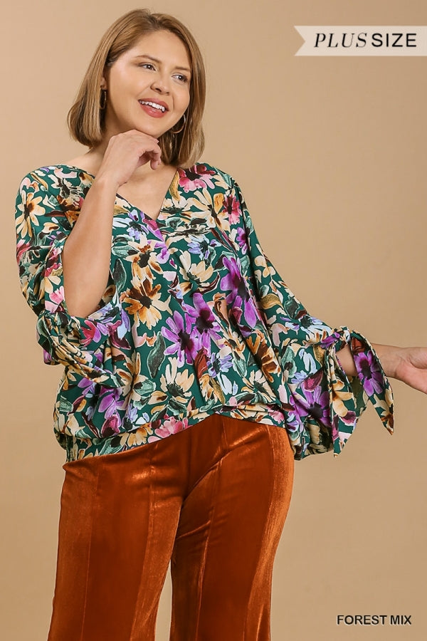 Umgee Plus Mix V Neckline Flower Print Tie Sleeve No Lining Top - Roulhac Fashion Boutique