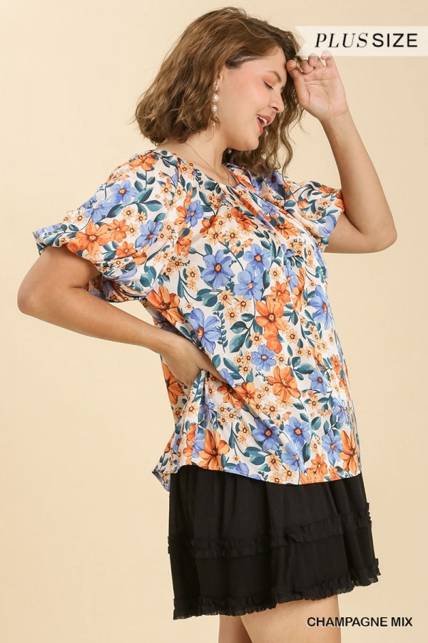 Umgee Plus Flower Print Round Neck Balloon Sleeves Top - Roulhac Fashion Boutique
