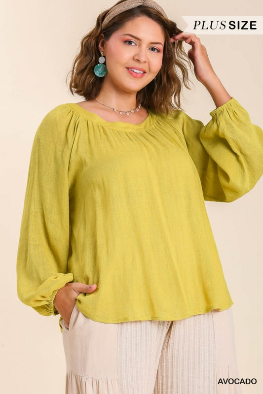 Umgee Plus Linen Blend Round Neck  Cuffed Long Sleeve Top - Roulhac Fashion Boutique