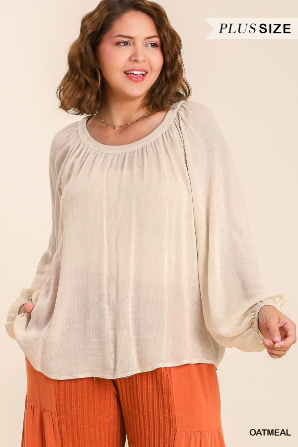 Umgee Plus Linen Blend Round Neck  Cuffed Long Sleeve Top - Roulhac Fashion Boutique