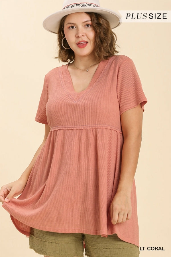 Umgee Plus Waffle Knit V Neckline Short Sleeve No Lining Tunic Dress - Roulhac Fashion Boutique