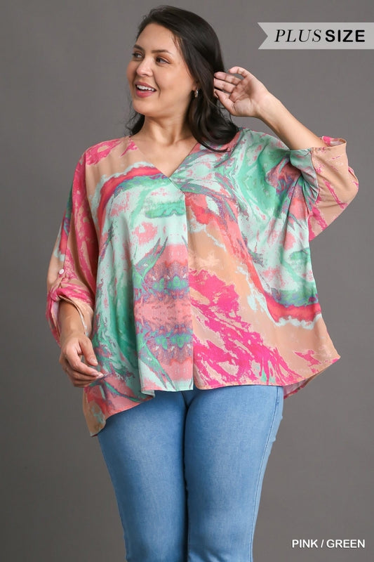 Umgee Plus Mixed Print 3/4 Long Folded Sleeve V Neck No Lining Top - Roulhac Fashion Boutique