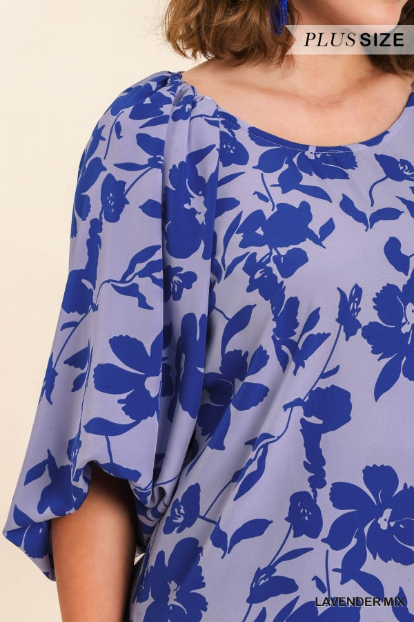 Umgee Plus Floral Print Boatneck Puff Sleeve Split Hem Blouse - Roulhac Fashion Boutique