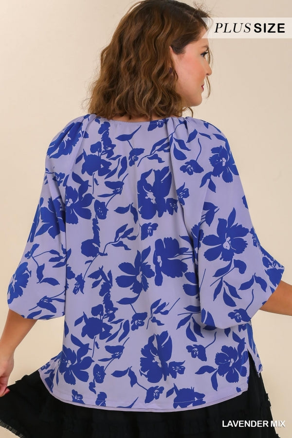 Umgee Plus Floral Print Boatneck Puff Sleeve Split Hem Blouse - Roulhac Fashion Boutique