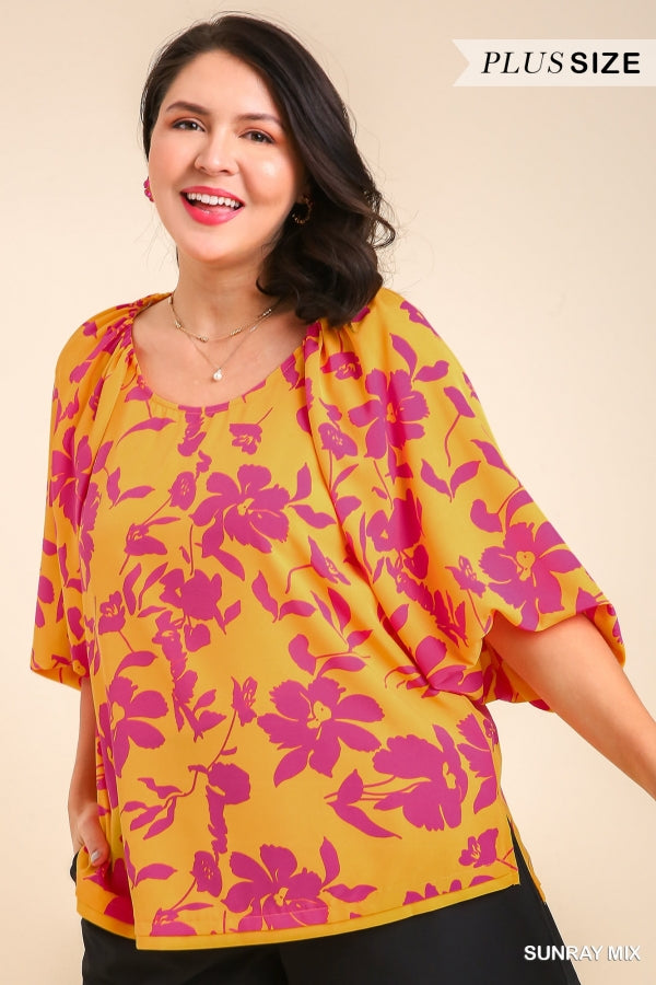 Umgee Plus Floral Print Boatneck Puff Sleeve Split Hem Blouse