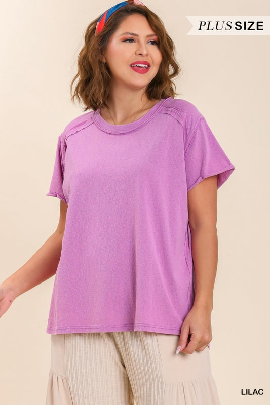 Umgee Plus Mineral Wash Linen Blend Round Neck Short Sleeve T-Shirt - Roulhac Fashion Boutique