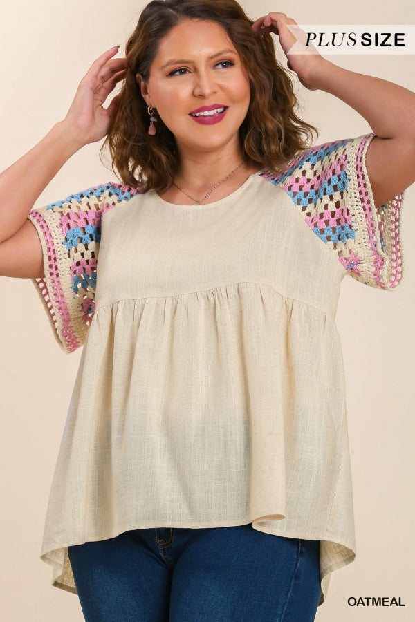 Umgee Plus Linen Blende Round Neck Crocheted Sleeve Stitch Babydoll Top - Roulhac Fashion Boutique