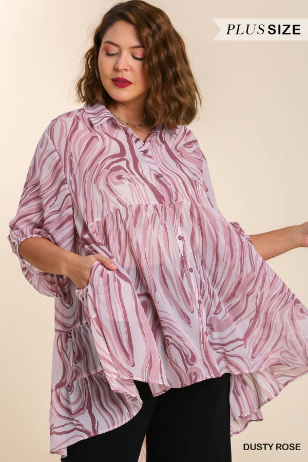 Umgee Plus Sheer Swirl Print Puff Sleeve Button Up Collared Tunic Top - Roulhac Fashion Boutique