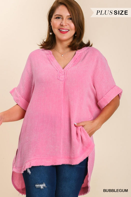 Umgee Plus Mineral Wash Gauze Fabric Split Neck Cuff Sleeves Tunic Top - Roulhac Fashion Boutique