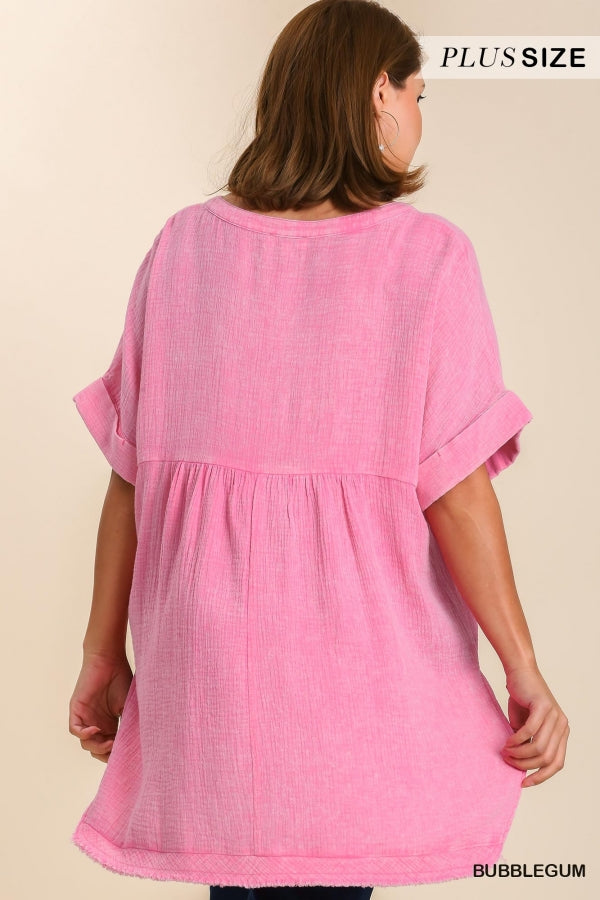 Umgee Plus Mineral Wash Gauze Fabric Split Neck Cuff Sleeves Tunic Top - Roulhac Fashion Boutique