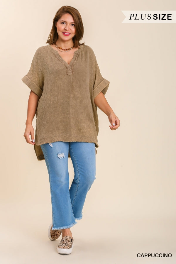 Umgee Plus Mineral Wash Gauze Fabric Split Neck Cuff Sleeves Tunic Top - Roulhac Fashion Boutique