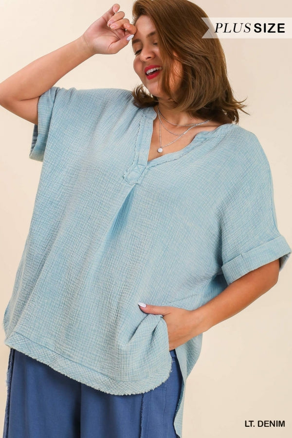 Umgee Plus Mineral Wash Gauze Fabric Split Neck Cuff Sleeves Tunic Top